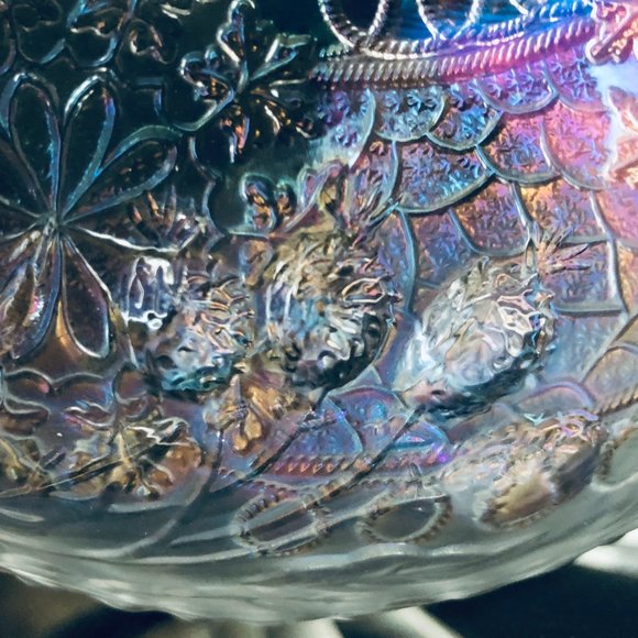 VINTAGE FENTON LEAF CHAIN (IRIDIL)WHITE IRIDESCENT FROSTED FIERY  GLASS  8" BOWL - Picture 4 of 16